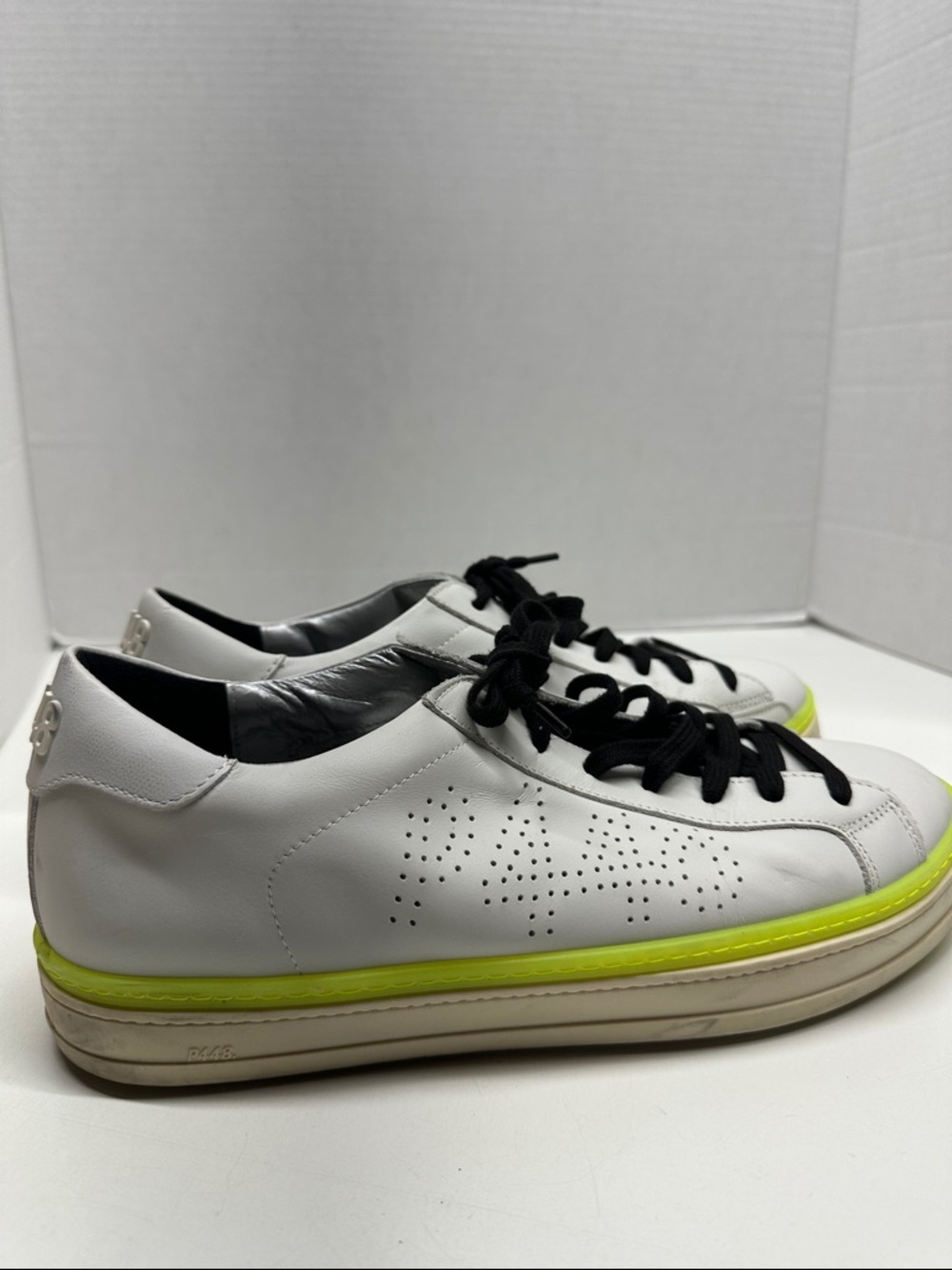P448 John Dogma Sneakers Leather Lace Up Shoes White Neon Yellow Mens Size 10.5